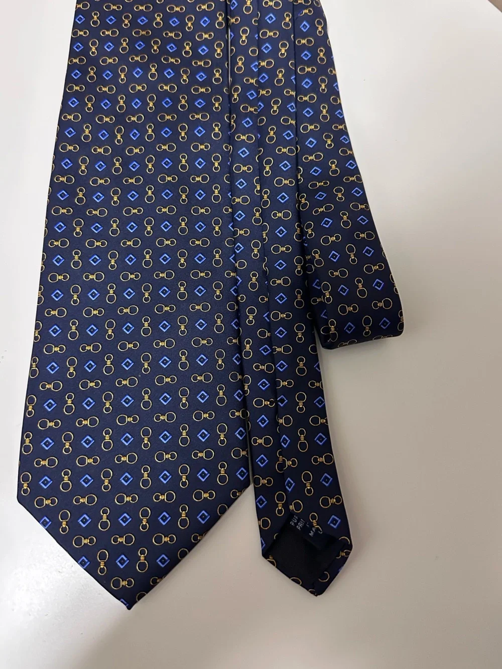 Brooks Brothers Navy Silk Tie with Gold and Royal Blue Motif